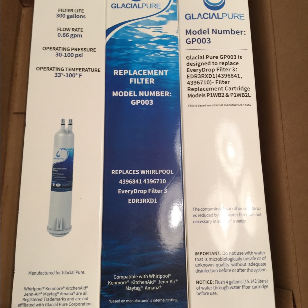 3  pack Glacier Pure Whirlpool Replacement Refrigerator Water Filters.